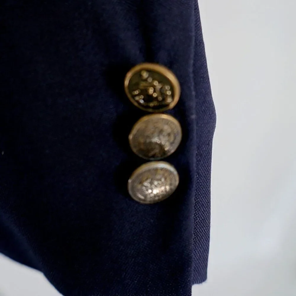 Oscar De La‎ Renta Blue Wool 2 Bronze Button Blazer 42L / Slim 44L